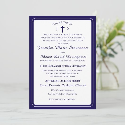 Timeless Catholic Monogrammed Wedding Invitation Kaart (Staand voorkant)