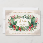 Timeless Christmas Holly Branches 3 Photos Classic Save The Date (Voorkant)