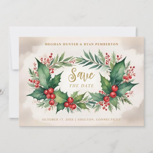 Timeless Christmas Holly Branches 3 Photos Classic Save The Date (Voorkant)
