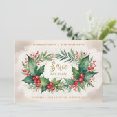 Timeless Christmas Holly Branches 3 Photos Classic Save The Date (Staand voorkant)