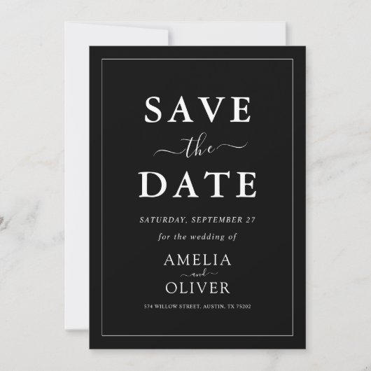 Timeless Dark Black Modern Minimalist Wedding Save The Date (Voorkant)
