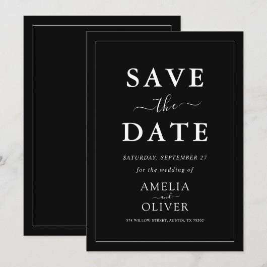 Timeless Dark Black Modern Minimalist Wedding Save The Date (Voorkant / Achterkant)