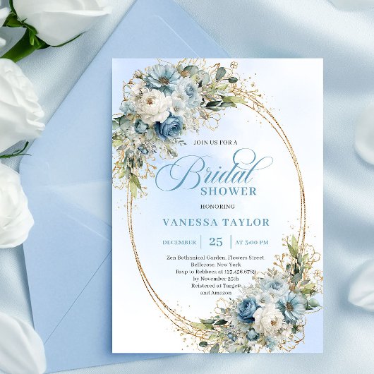 Timeless Dusty Blue Floral Script Bridal Shower  Kaart