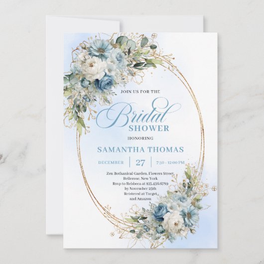 Timeless Dusty Blue Floral Script Bridal Shower Kaart (Voorkant)