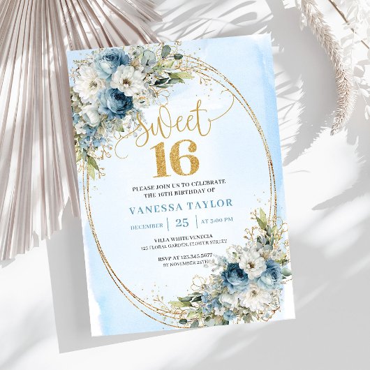 Timeless Dusty Blue Floral Sweet 16th Birthday  Kaart