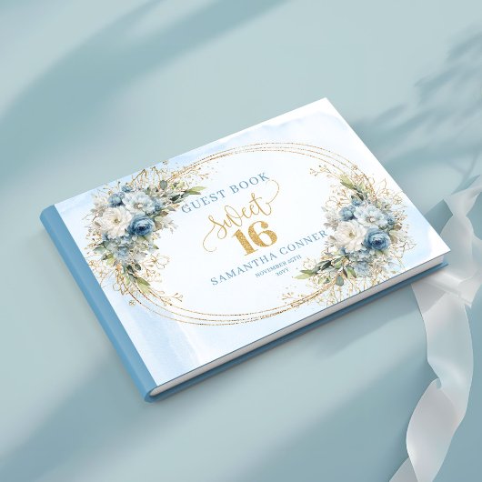 Timeless Dusty Blue Floral Sweet 16th Guest Book Gastenboek