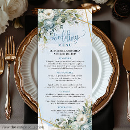 Timeless Dusty Blue Floral White Gold Wedding Menu