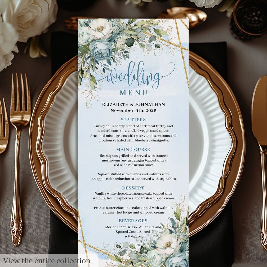 Timeless Dusty Blue Floral White Gold Wedding Menu