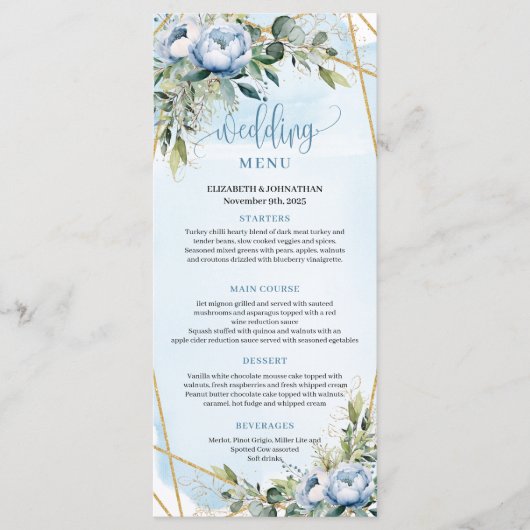 Timeless Dusty Blue Gold Glitter Frame Wedding Menu (Voorkant)