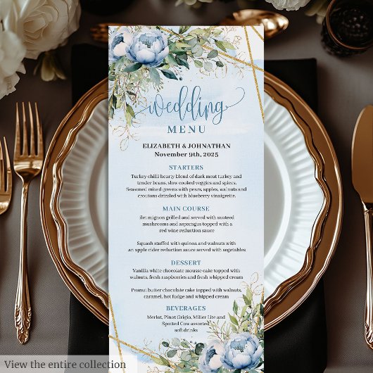 Timeless Dusty Blue Gold Glitter Frame Wedding  Menu