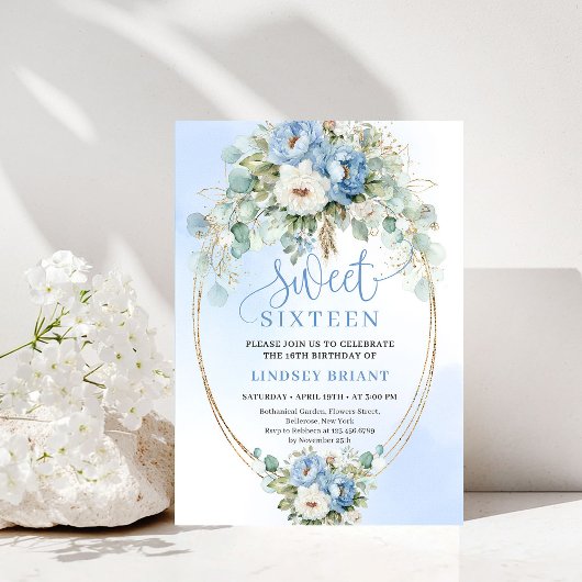 Timeless Dusty Blue Peony Gold Sweet 16 Birthday  Kaart