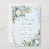 Timeless Dusty Blue White Gold Floral Save Date Kaart (Voorkant)