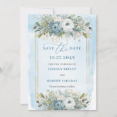 Timeless Dusty Blue White Gold Floral Save Date Kaart (Voorkant)