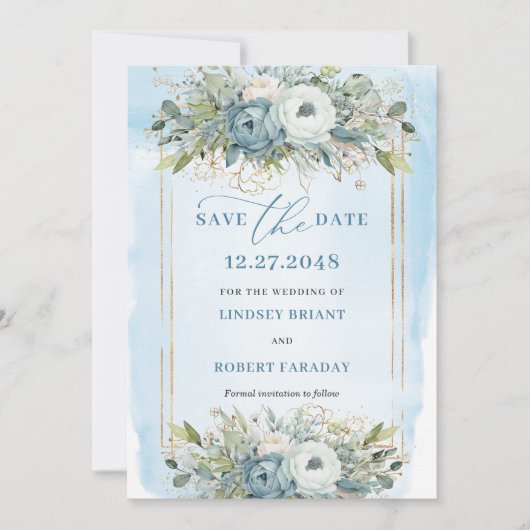 Timeless Dusty Blue White Gold Floral Save Date Kaart (Voorkant)