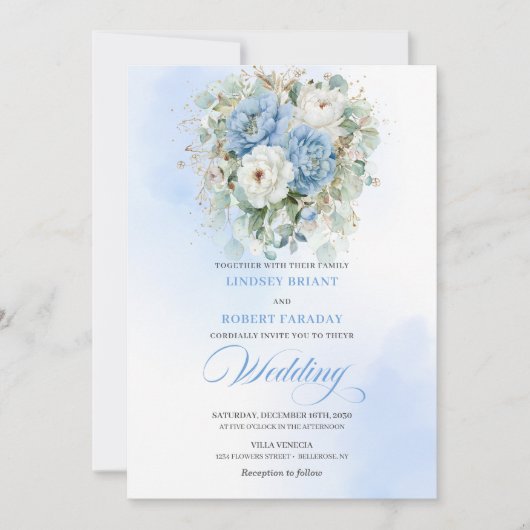 Timeless Dusty Blue White Peony Floral Wedding Kaart (Voorkant)