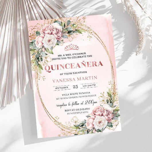 Timeless Dusty Pink Floral Greenery Quinceañera  Kaart