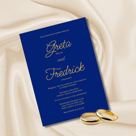 Timeless Elegance Royal Blue Gold Script Weddensch Kaart