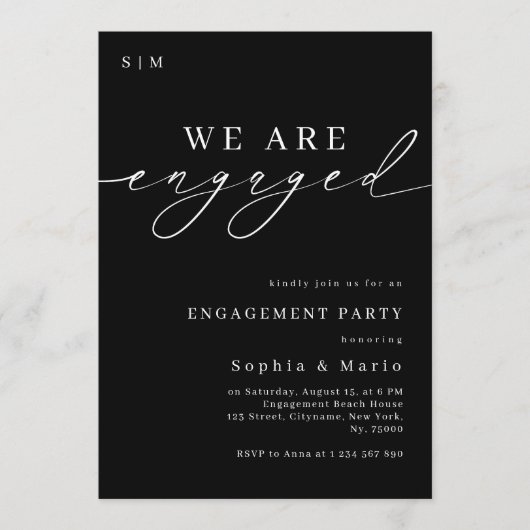 Timeless Elegant Monogram Black Engagement Party Kaart (Voorkant)