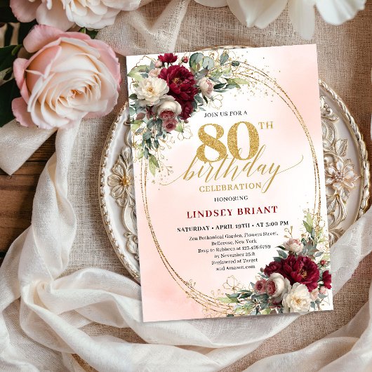 Timeless Floral Gold 80th Birthday Celebration Kaart