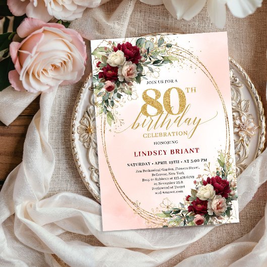 Timeless Floral Gold 80th Birthday Celebration  Kaart