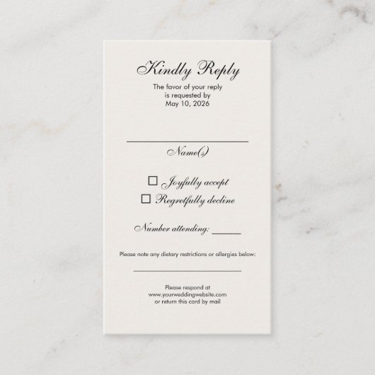 Timeless Ivory Calligraphy Wedding RSVP Card Visitekaartje (Voorkant)