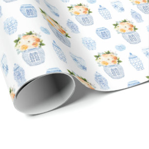 Timeless Lady Autumn Flowers Blue White en Oranje Cadeaupapier