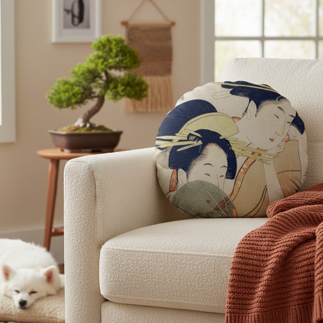 Timeless legance:  Japanse geisha Art Rond Kussen (Japanese geisha art inspired round accent pillow.)