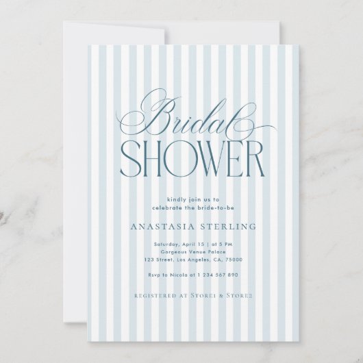 Timeless Luxe Script Blue Stripes Bridal Shower Kaart (Voorkant)