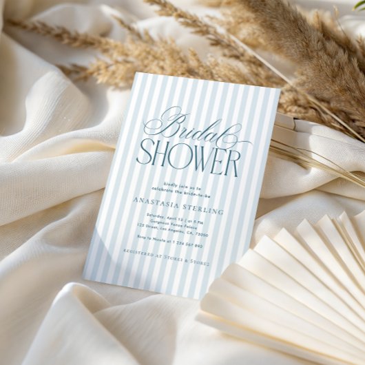 Timeless Luxe Script Blue Stripes Bridal Shower Kaart