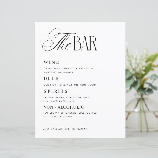 Timeless Luxe Script Classy Wedding Bar Drink Menu (Staand voorkant)