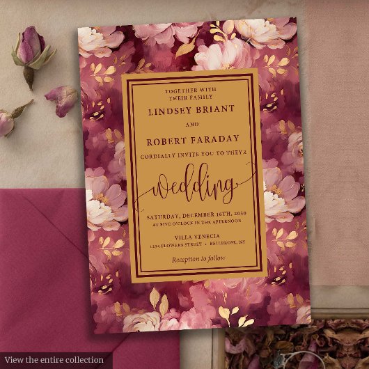 Timeless Luxury Maroon Blush Gold Floral Wedding Kaart