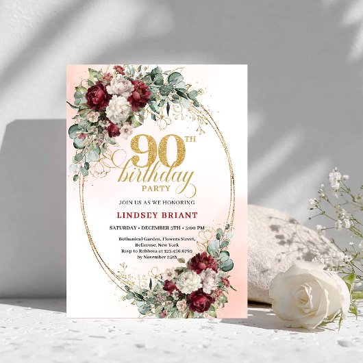 Timeless Maroon Peonies Eucalyptus 90th Birthday Kaart