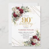 Timeless Merlot Floral Gold 90th Birthday Invite Kaart (Voorkant)
