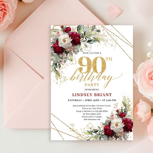 Timeless Merlot Floral Gold 90th Birthday Invite Kaart