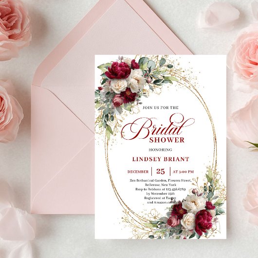 Timeless Merlot Rose Gold Bridal Shower Invitation Kaart