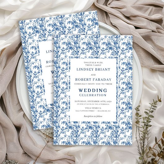 Timeless Navy Blue Toile Wedding Invitation Kaart