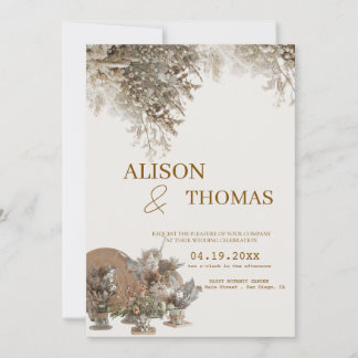 Timeless Neutral Botanical Wedding Invite Kaart