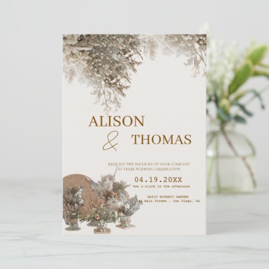 Timeless Neutral Botanical Wedding Invite Kaart (Staand voorkant)