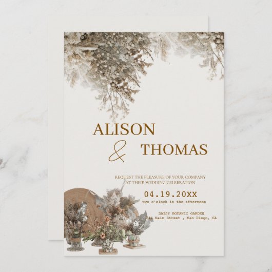 Timeless Neutral Botanical Wedding Invite Kaart (Voorkant / Achterkant)