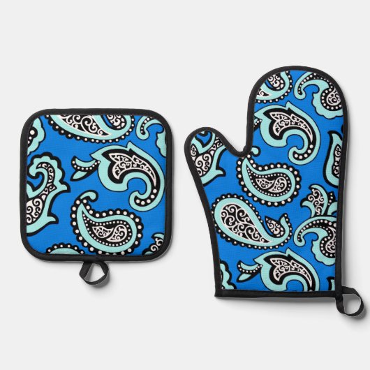 Timeless Paisley on Blue Background Ovenwant & Pannenlap Set (Voorkant)