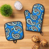 Timeless Paisley on Blue Background Ovenwant & Pannenlap Set (Top down)