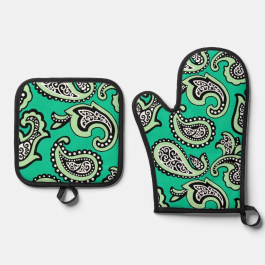 Timeless Paisley on Green Background Ovenwant & Pannenlap Set (Voorkant)