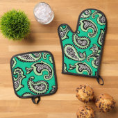 Timeless Paisley on Green Background Ovenwant & Pannenlap Set (Top down)