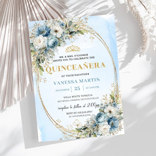 Timeless Pastel Blue Gold Eucalyptus Quinceañera Kaart