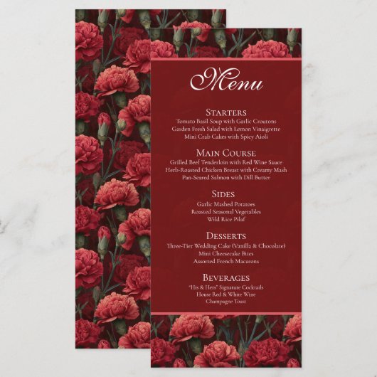 Timeless Red Carnation Aesthetic Boho Wedding Menu (Voorkant / Achterkant)