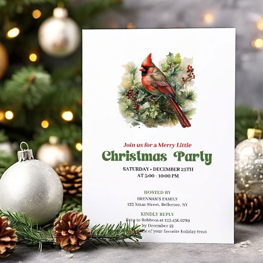 Timeless retro Christmas red cardinal party invite Kaart