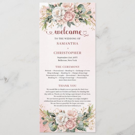 Timeless Rose Gold Flowers and Greenery Program Programmakaart (Voorkant)