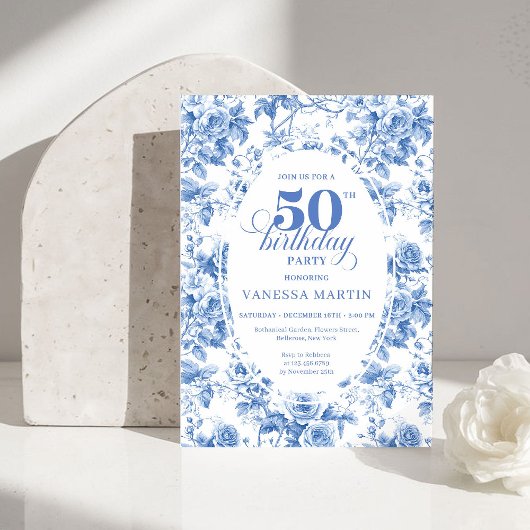 Timeless Royal Blue Toile de Jouy 50th Birthday  Kaart