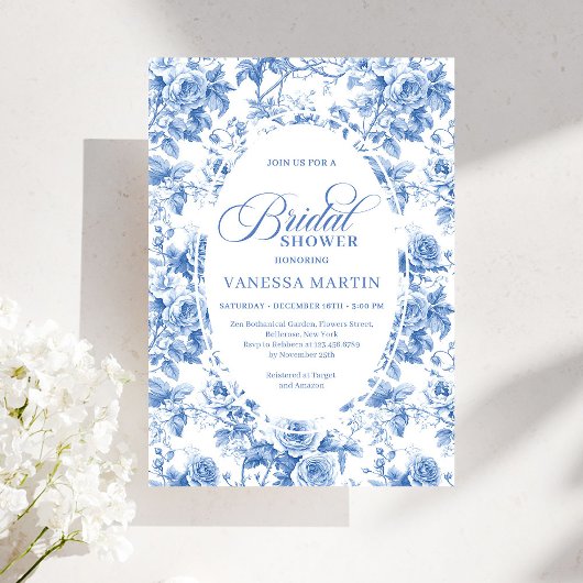 Timeless Royal Blue Toile de Jouy Bridal Shower  Kaart