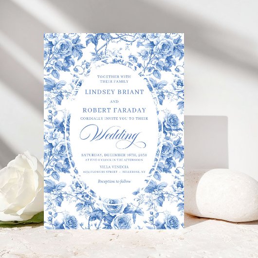Timeless Royal Blue Toile de Jouy Wedding Invite Kaart
